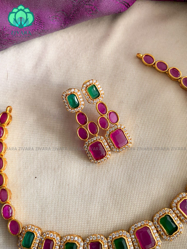 Kids friendly ruby and green neck WEAR WITH EARRINGS   - Premium quality CZ Matte collection-south indian jewellery