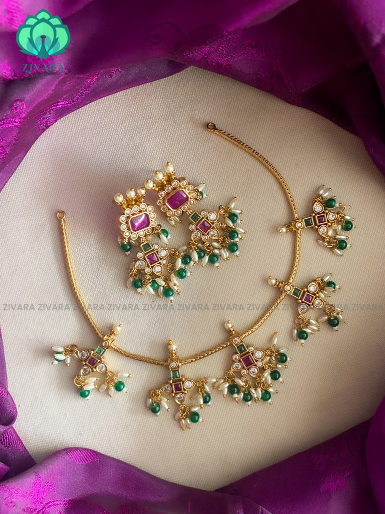 Real kemp rice pearl guttapusalu flexible necklace with earrings CZ matte Finish- Zivara Fashion