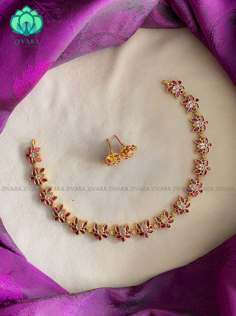 Lotus close neck WEAR WITH EARRINGS   - Premium quality CZ Matte collection-south indian jewellery