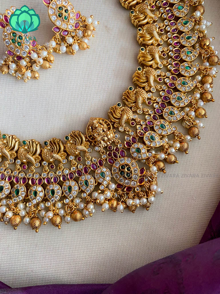 Bridal CZ matte choker cum neckwear with real kemp stones  - Bridal  jewellery with earrings-indian bridal jewellery