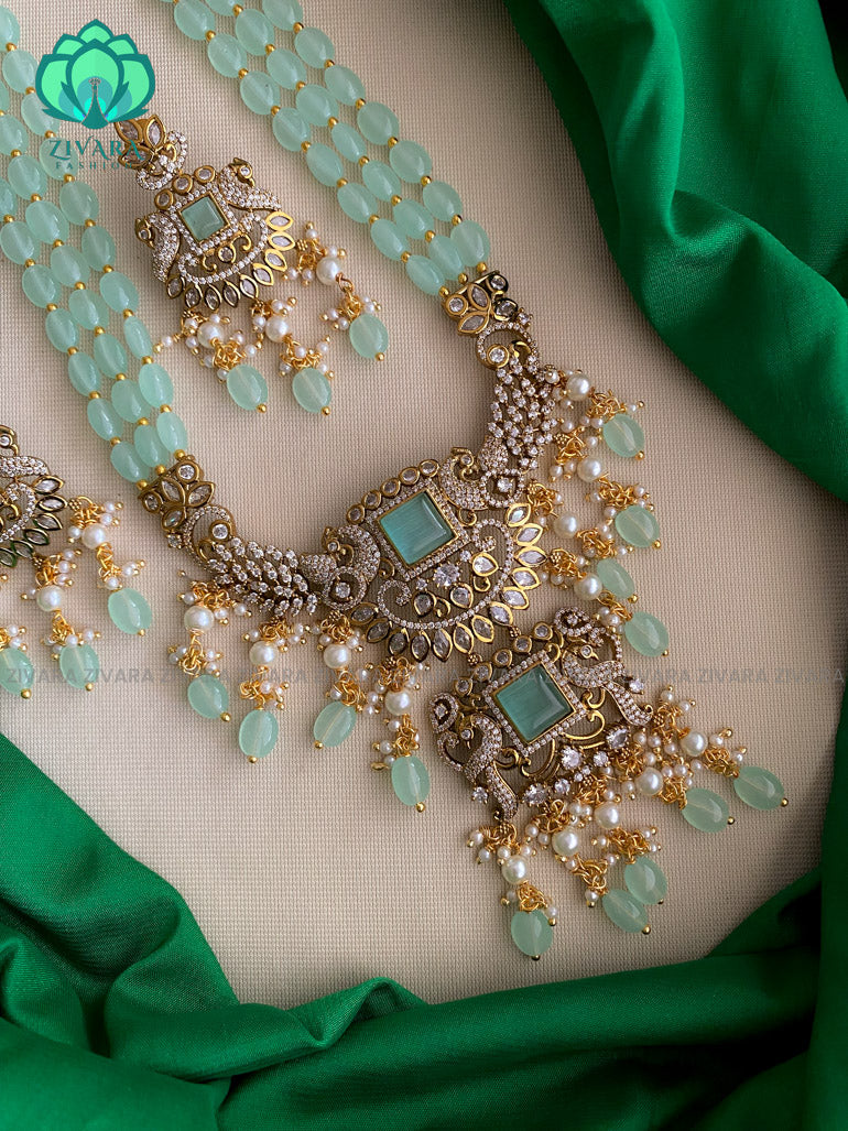 Victorian finish pastel green beads long haaram with stones- Premium quality CZ Matte collection