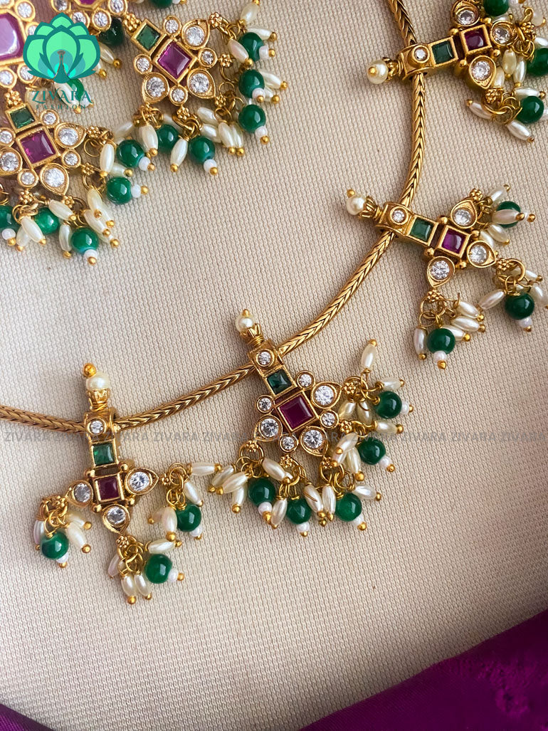Real kemp rice pearl guttapusalu flexible necklace with earrings CZ matte Finish- Zivara Fashion
