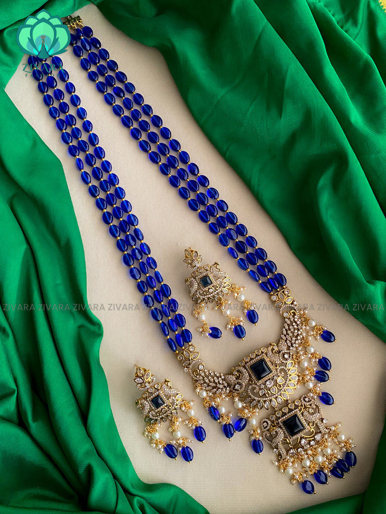 Victorian finish ROYAL BLUE  beads long haaram with stones- Premium quality CZ Matte collection