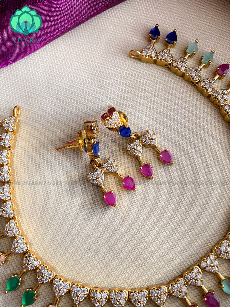 Multicolour stone elegant necklace with earrings CZ matte Finish- Zivara Fashion