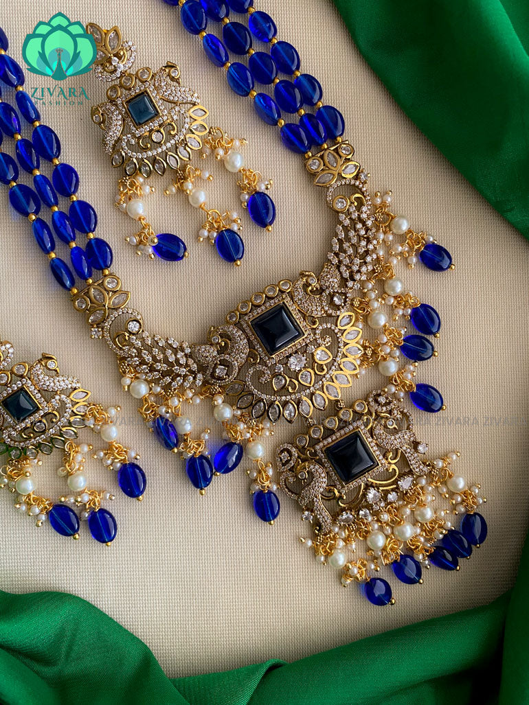 Victorian finish ROYAL BLUE  beads long haaram with stones- Premium quality CZ Matte collection