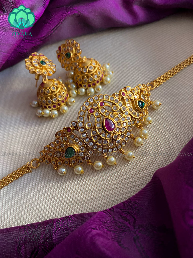 Kids friendly peacock cz matte choker with earrings - south indian jewellery with earrings-indian bridal jewellery