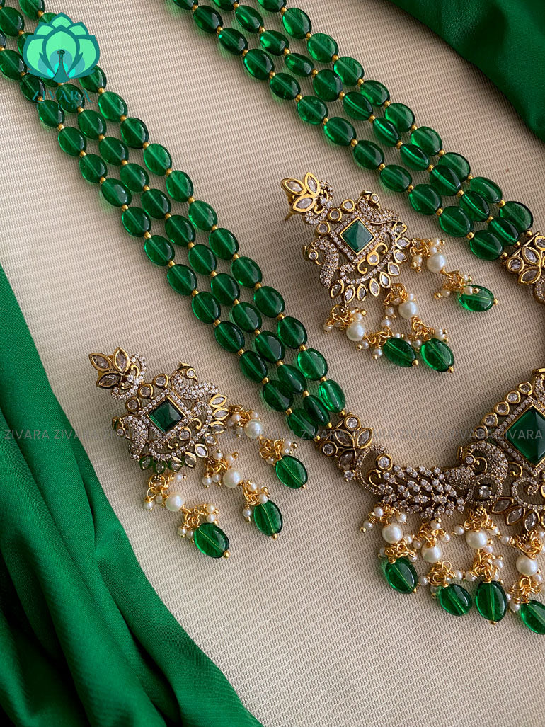 Victorian finish DARK GREEN  beads long haaram with stones- Premium quality CZ Matte collection