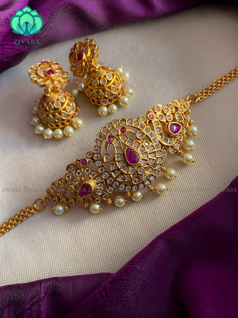 Kids friendly peacock cz matte choker with earrings - Bridal  jewellery with earrings-indian bridal jewellery