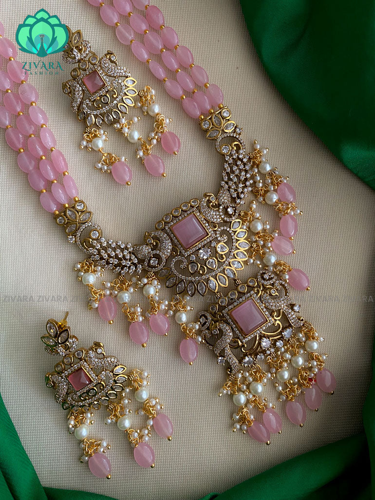 Victorian finish pastel PINK beads long haaram with stones- Premium quality CZ Matte collection