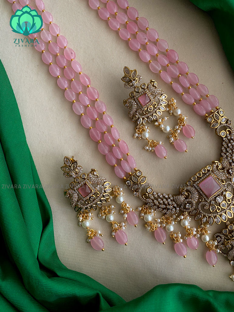 Victorian finish pastel PINK beads long haaram with stones- Premium quality CZ Matte collection