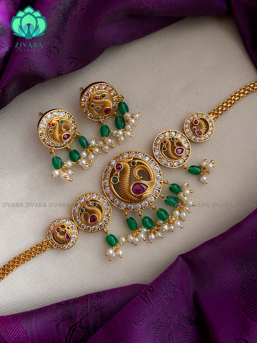 Brilliant finish peacock green beads cz matte choker with earrings - Bridal  jewellery with earrings-indian bridal jewellery