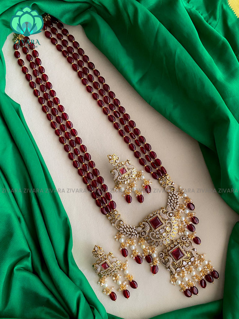 Victorian finish DARK MAROON  beads long haaram with stones- Premium quality CZ Matte collection