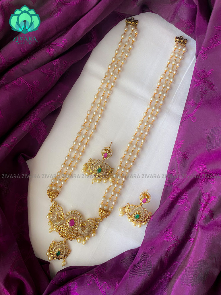 Simple pendant pearl chain long haaram with earrings - Premium quality CZ Matte collection
