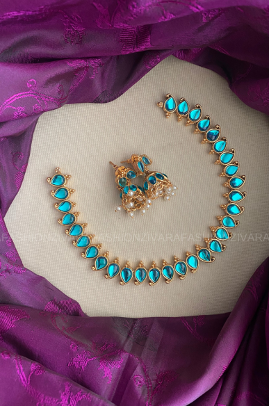 Turqoise blue-Traditional south indian NORMAL MATTE neckwear with earrings- Zivara Fashion- latest jewellery design.