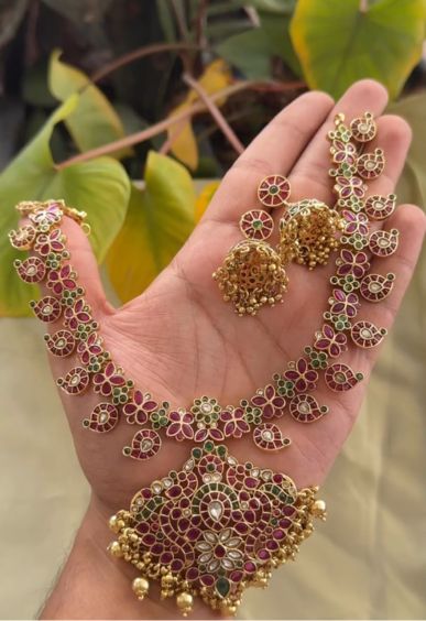 Bridal real kemp stone-Traditional south indian premium neckwear with earrings- Zivara Fashion- latest jewellery design.