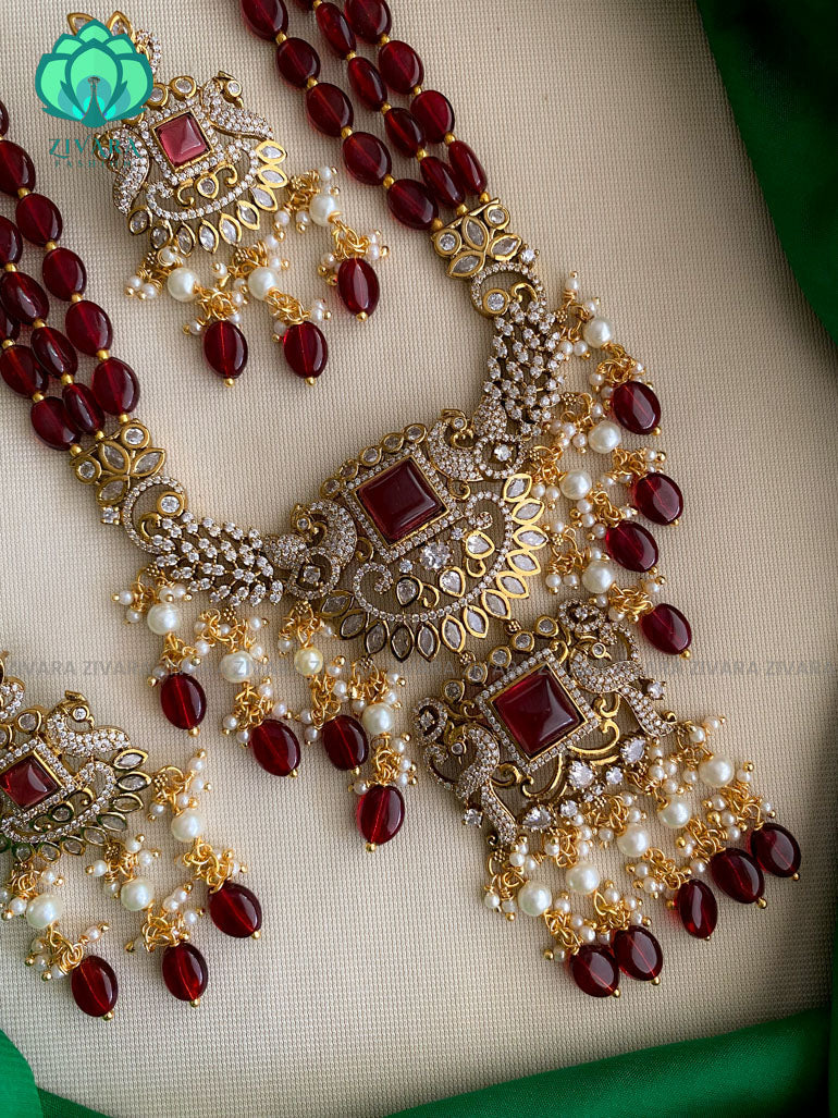 Victorian finish DARK MAROON  beads long haaram with stones- Premium quality CZ Matte collection