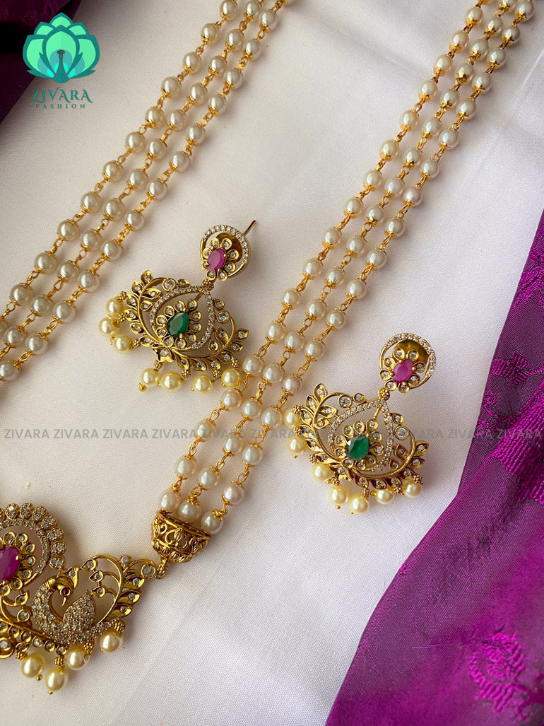 Simple pendant pearl chain long haaram with earrings - Premium quality CZ Matte collection