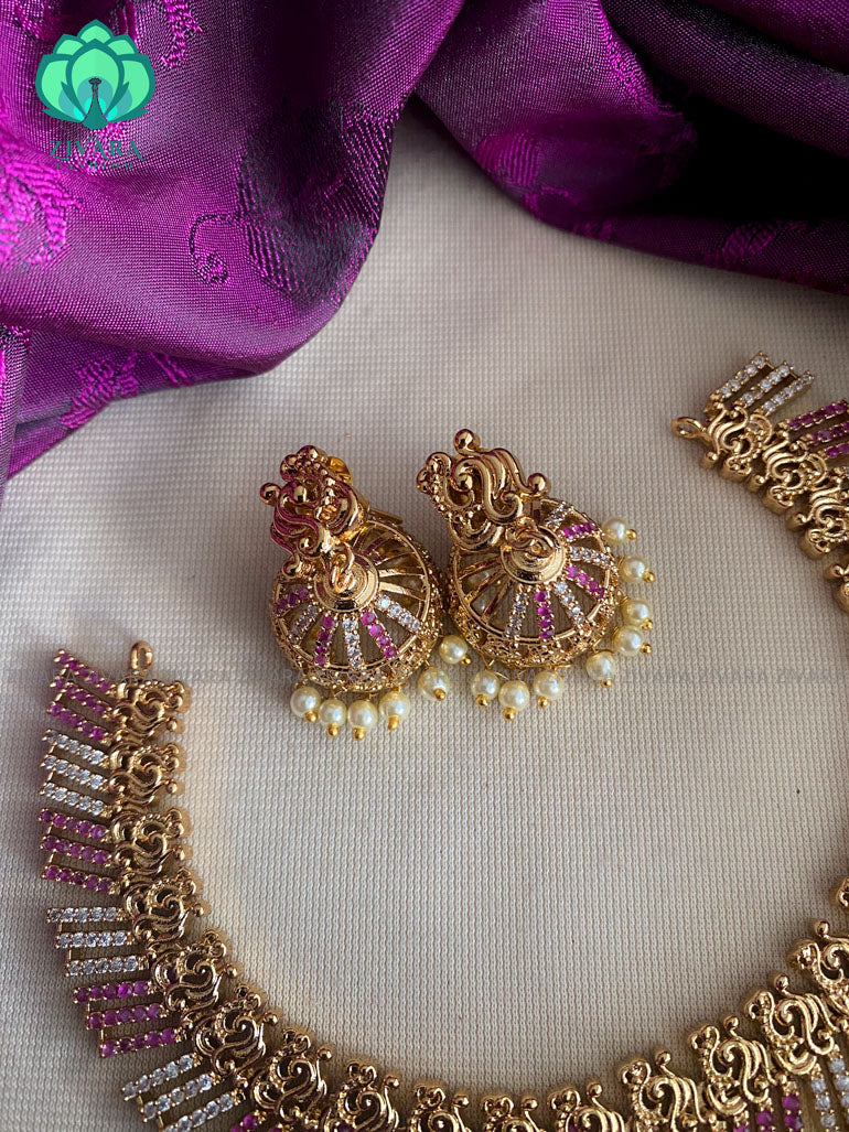 White and ruby stone fan neckwear with earrings - Zivara Fashion