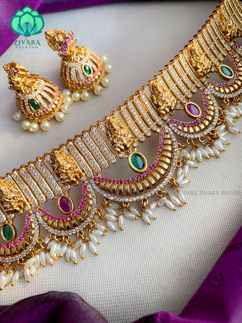 Bridal CZ matte choker with real kemp stones  - Bridal  jewellery with earrings-indian bridal jewellery