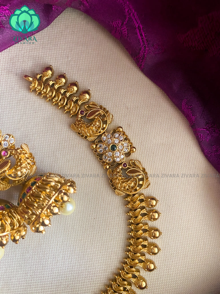 Motif free annam mogapu necklace with earrings CZ matte Finish- Zivara Fashion