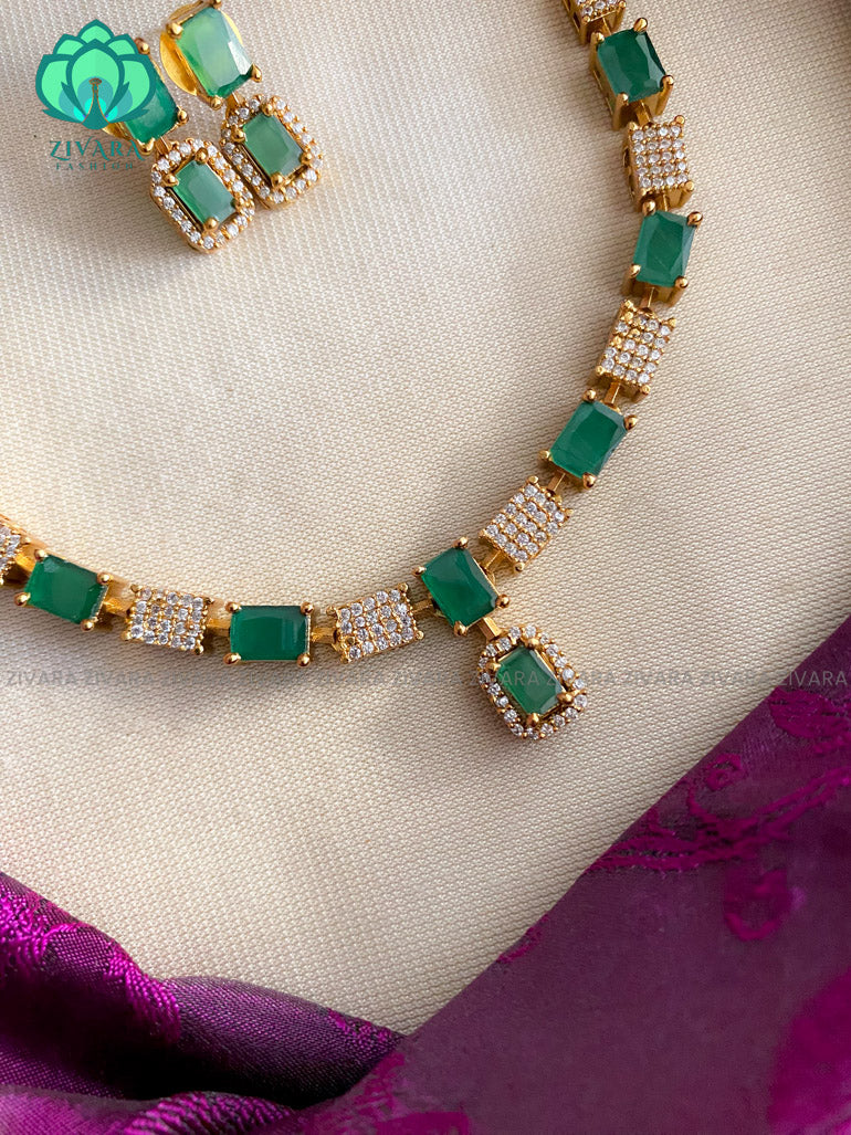 Beautiful green stone elegant necklace with earrings CZ matte Finish- Zivara Fashion