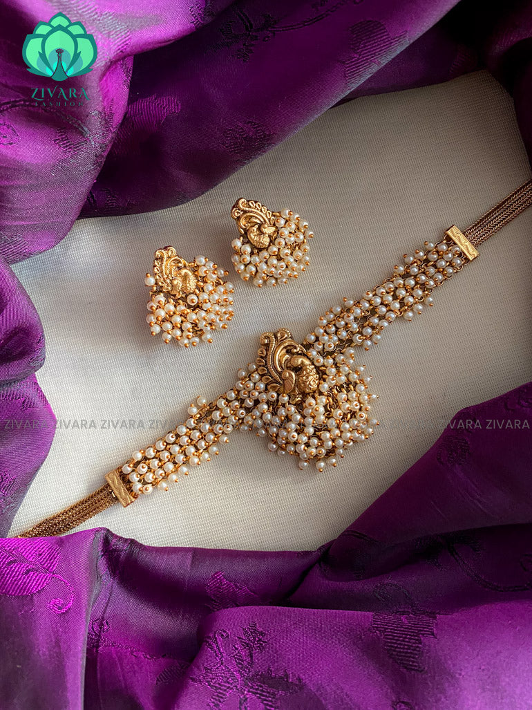 Premium pearl cluster matte finish choker with earrings - Premium quality CZ Matte collection-south indian jewellery