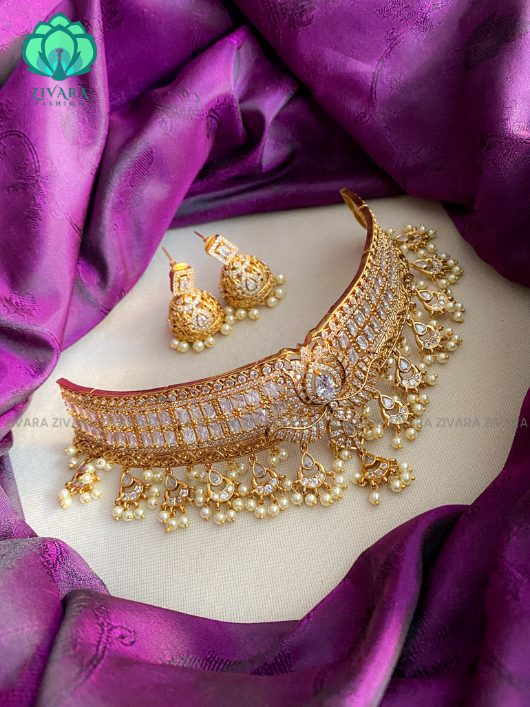 White stone bridal CZ matte choker with earrings  - Bridal  jewellery with earrings-indian bridal jewellery