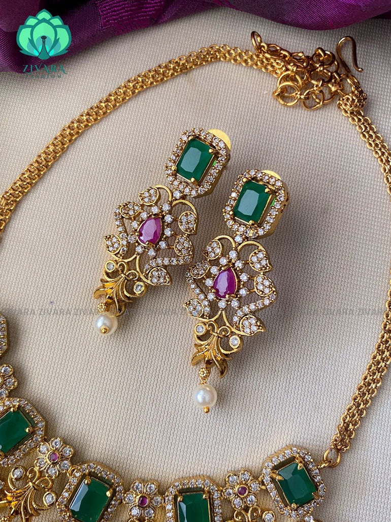 Ad stone cz  matte choker with earrings - Bridal  jewellery with earrings-indian bridal jewellery