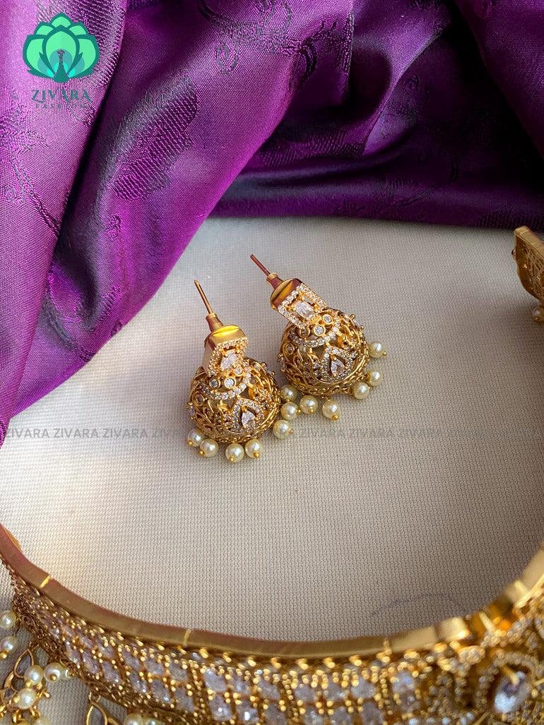 White stone bridal CZ matte choker with earrings  - Bridal  jewellery with earrings-indian bridal jewellery