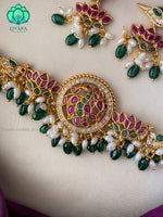 Green beads cz  matte choker with earrings - Bridal  jewellery with earrings-indian bridal jewellery