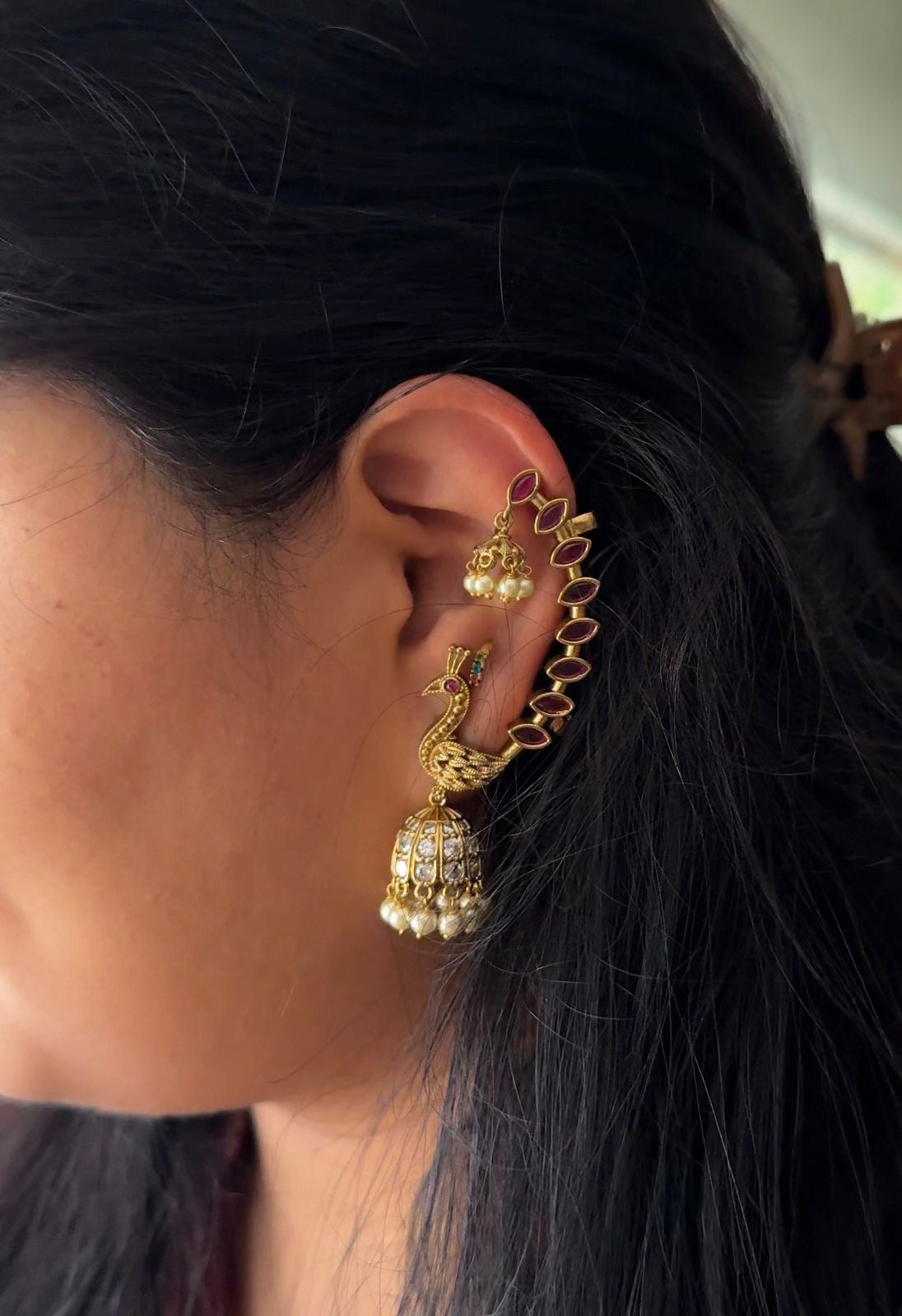 YASHIKA- RUBY REAL KEMP PEACOCK SEMI EARCUFF JHUMKA - latest jewellery collection- zivara fashion