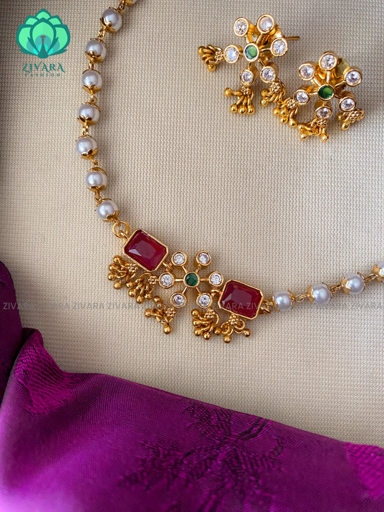 Kids friendly brilliant finish PEARL choker with earrings - Premium quality CZ Matte collection-south indian jewellery