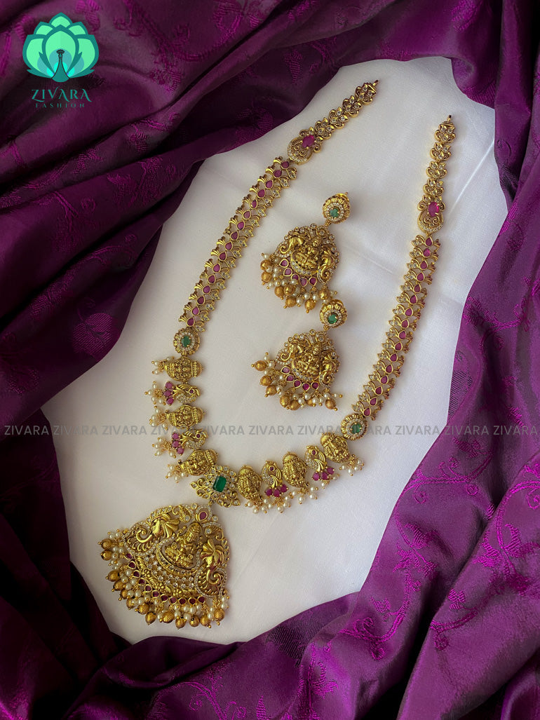 Gold like finish temple haaram with earrings- CZ Matte Finish- Zivara Fashion