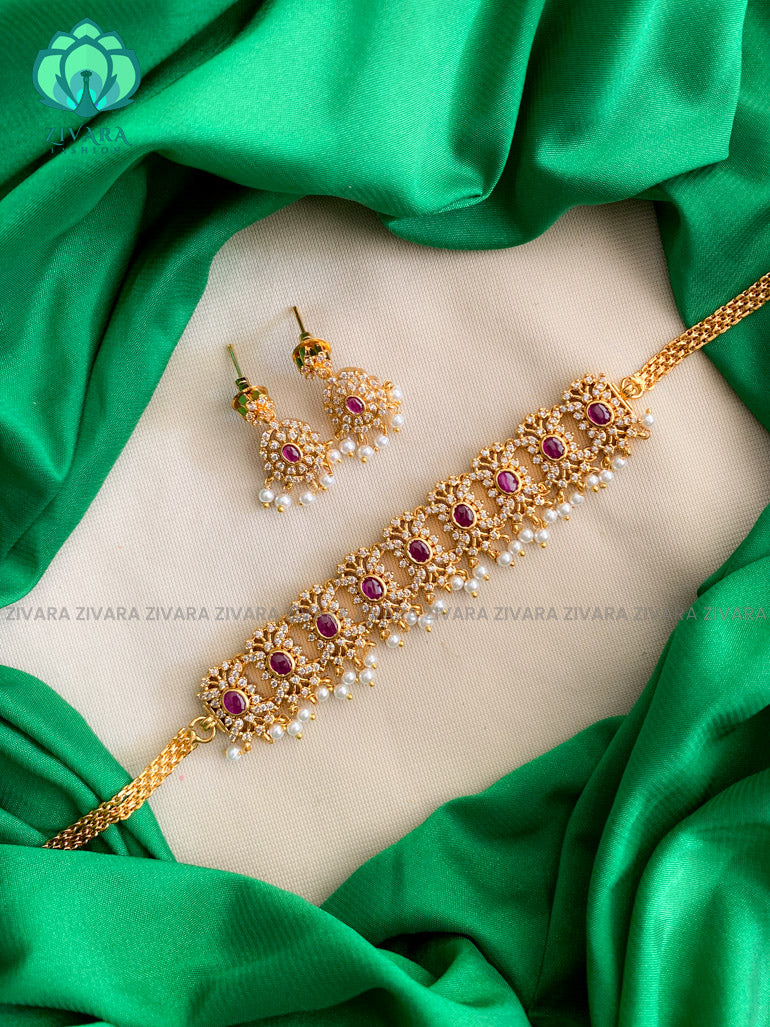 Hotselling motif free choker with earrings - CZ matte finish- Zivara Fashion-ruby and green green beads