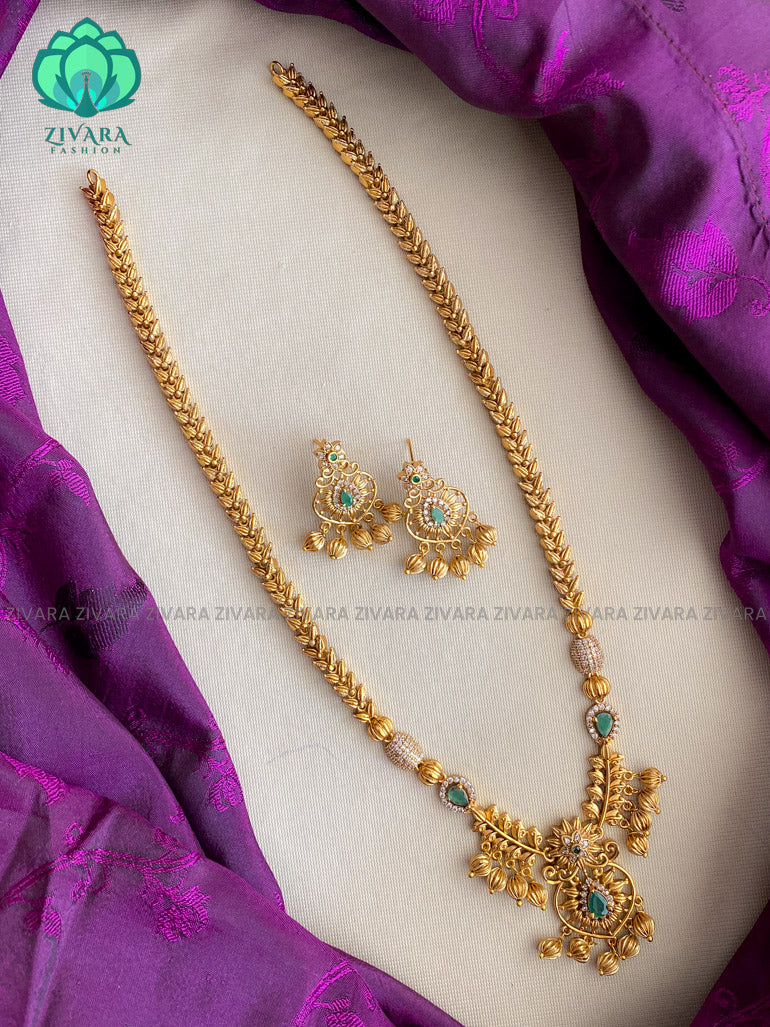 Midlength long floral midchest  Haaram with earrings- CZ Matte Finish- Zivara Fashion