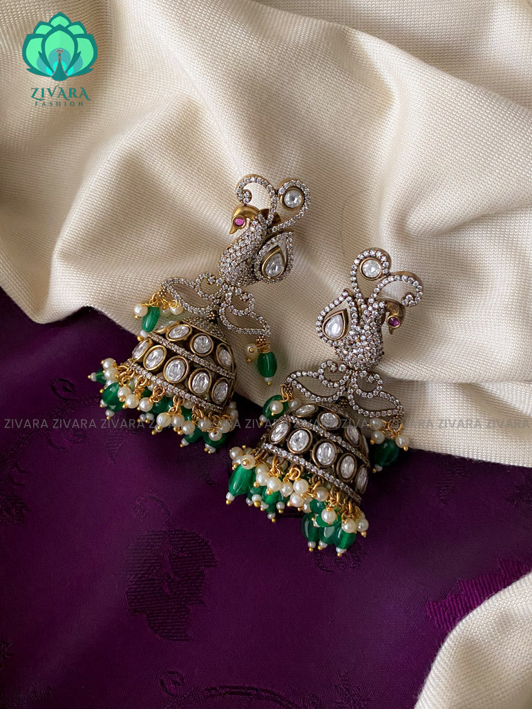 Huge victorian polish peacock jhumka with beads - latest trending jewellery collection