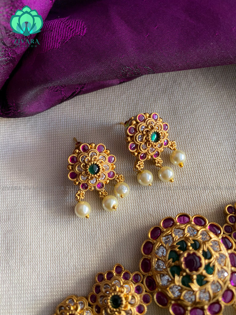 Round motif cz matte choker with earrings - Bridal  jewellery with earrings-indian bridal jewellery