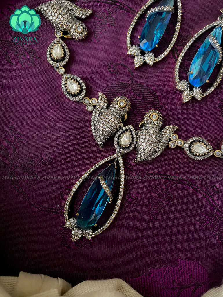 Victorian polish parrot motif neckwear with earrings  - Premium quality CZ Matte collection-south indian jewellery