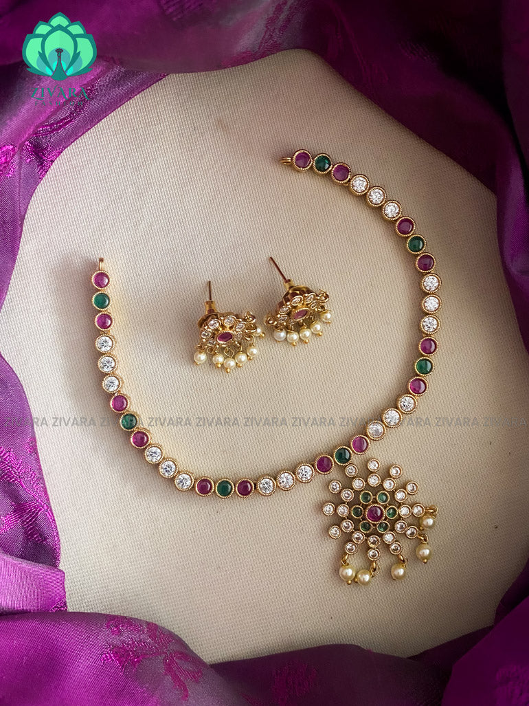 Kids friendly stone attigai necklace with earrings CZ matte Finish- Zivara Fashion