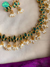 Green stone rice pearl necklace with earrings CZ matte Finish- Zivara Fashion