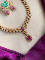 Square pendant ruby stone elegant necklace with earrings CZ matte Finish- Zivara Fashion