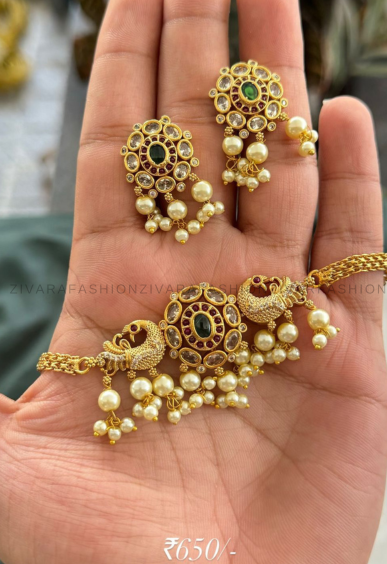 PEACOCK KIDS FRIENDLY SMALL (3 INCHES)-TRADITIONAL CHOKER COLLECTION WITH EARRINGS- LATEST JEWELLERY COLLECTION