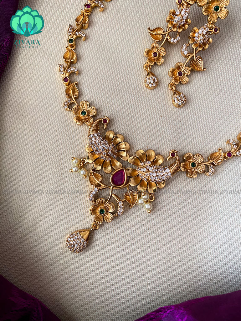 Simple floral neckwear with earrings   - Premium quality CZ Matte collection-south indian jewellery