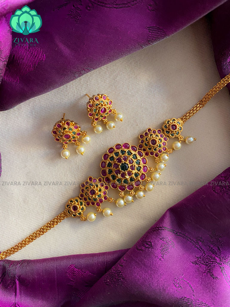Round motif cz matte choker with earrings - Bridal  jewellery with earrings-indian bridal jewellery