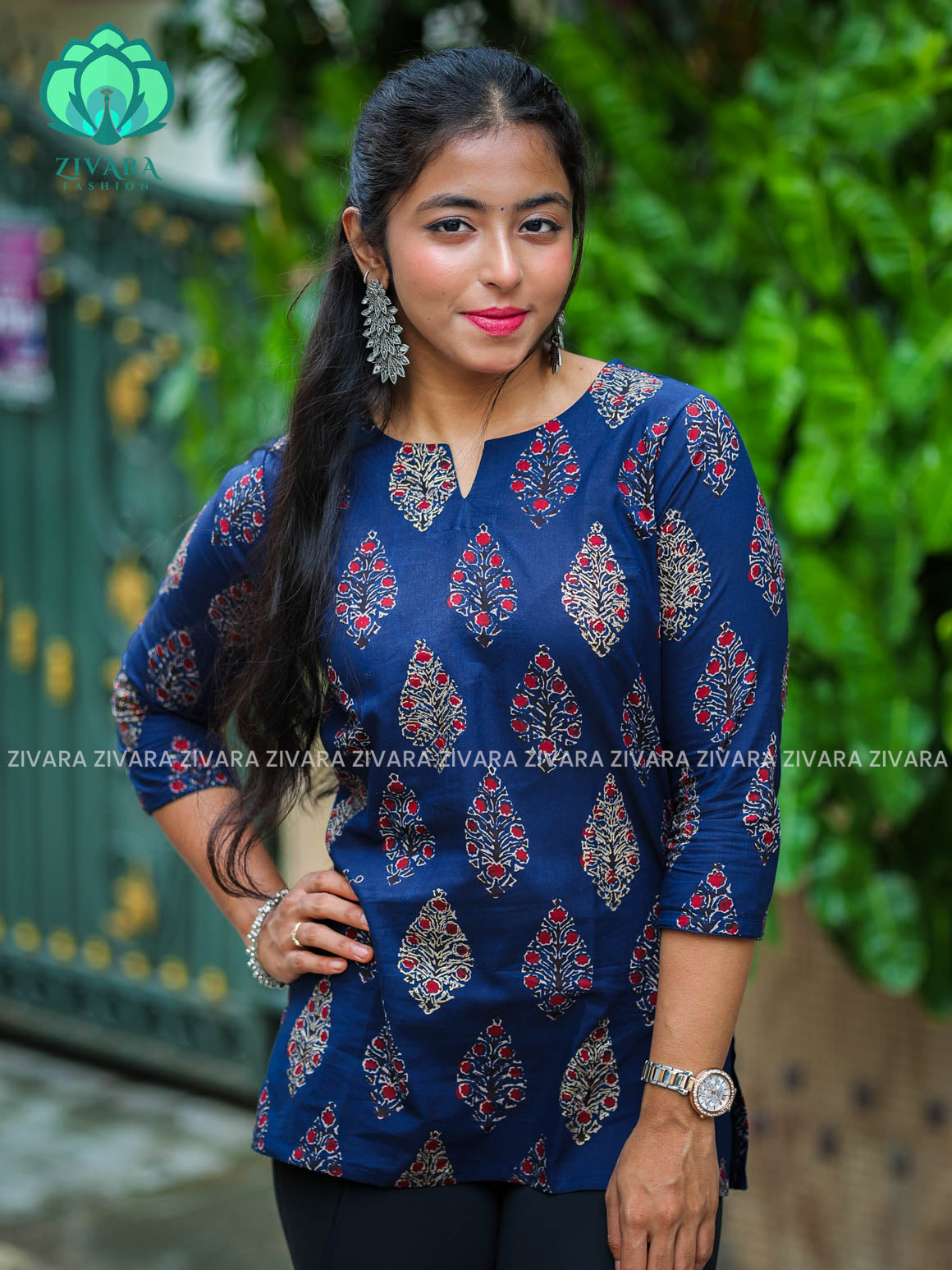 Anu - Indigo blue  Woven cotton short office wear  for women- Label Zivara