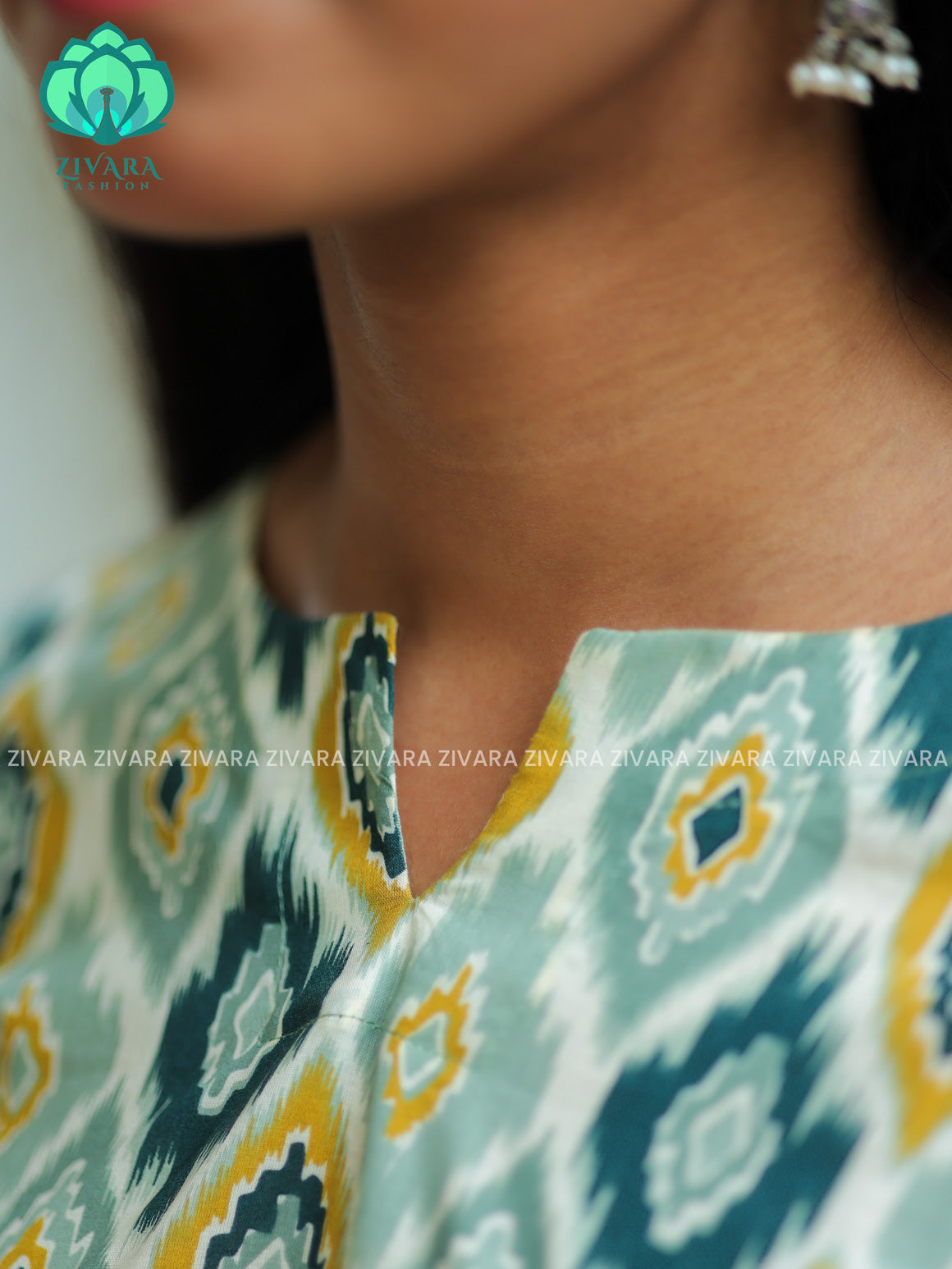 Anu - White and green  Woven cotton short office wear  for women- Label Zivara