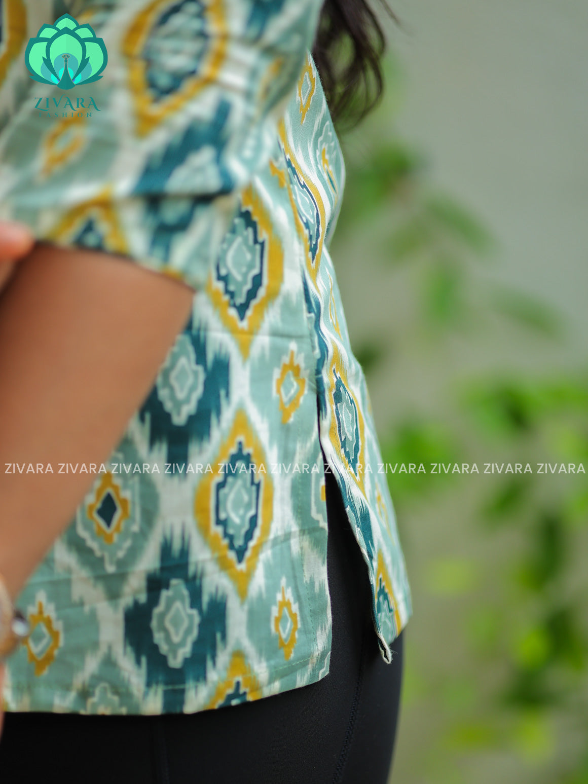 Anu - White and green  Woven cotton short office wear  for women- Label Zivara