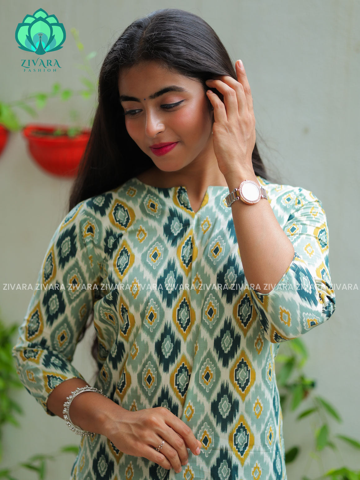 Anu - White and green  Woven cotton short office wear  for women- Label Zivara