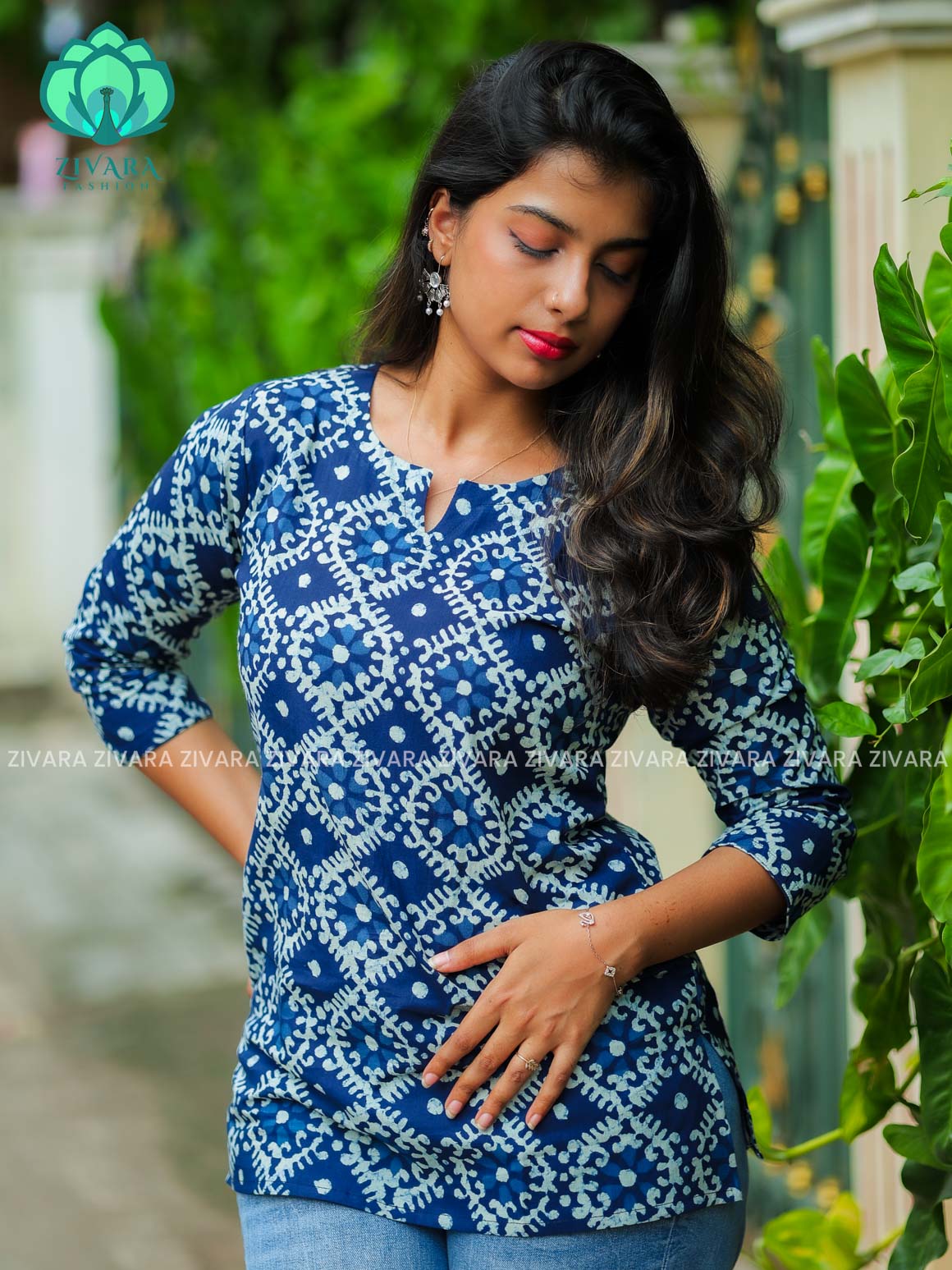 Anu - Indigo blue  Woven cotton short office wear  for women- Label Zivara