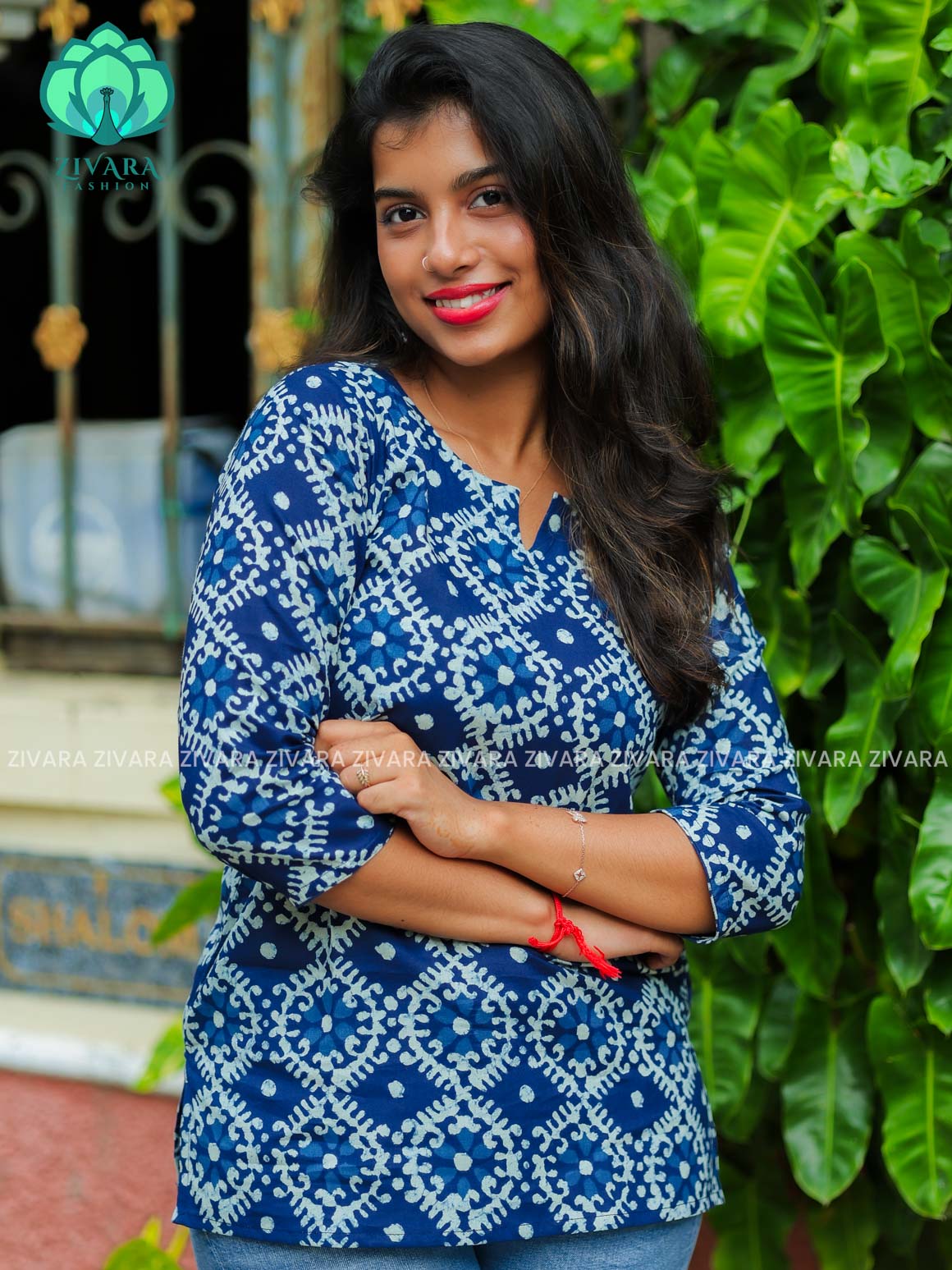 Anu - Indigo blue  Woven cotton short office wear  for women- Label Zivara
